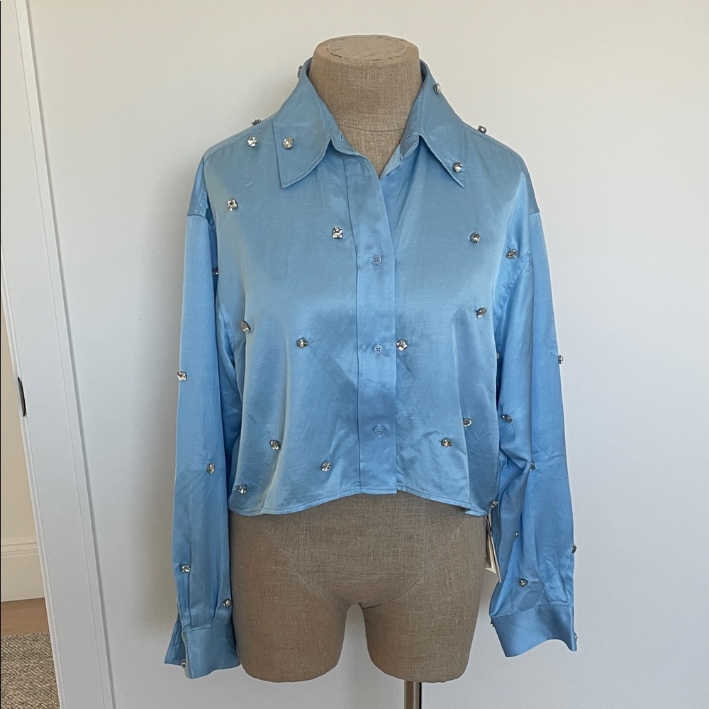 Sandro Light Blue Satin Button Down Shirt with Studs